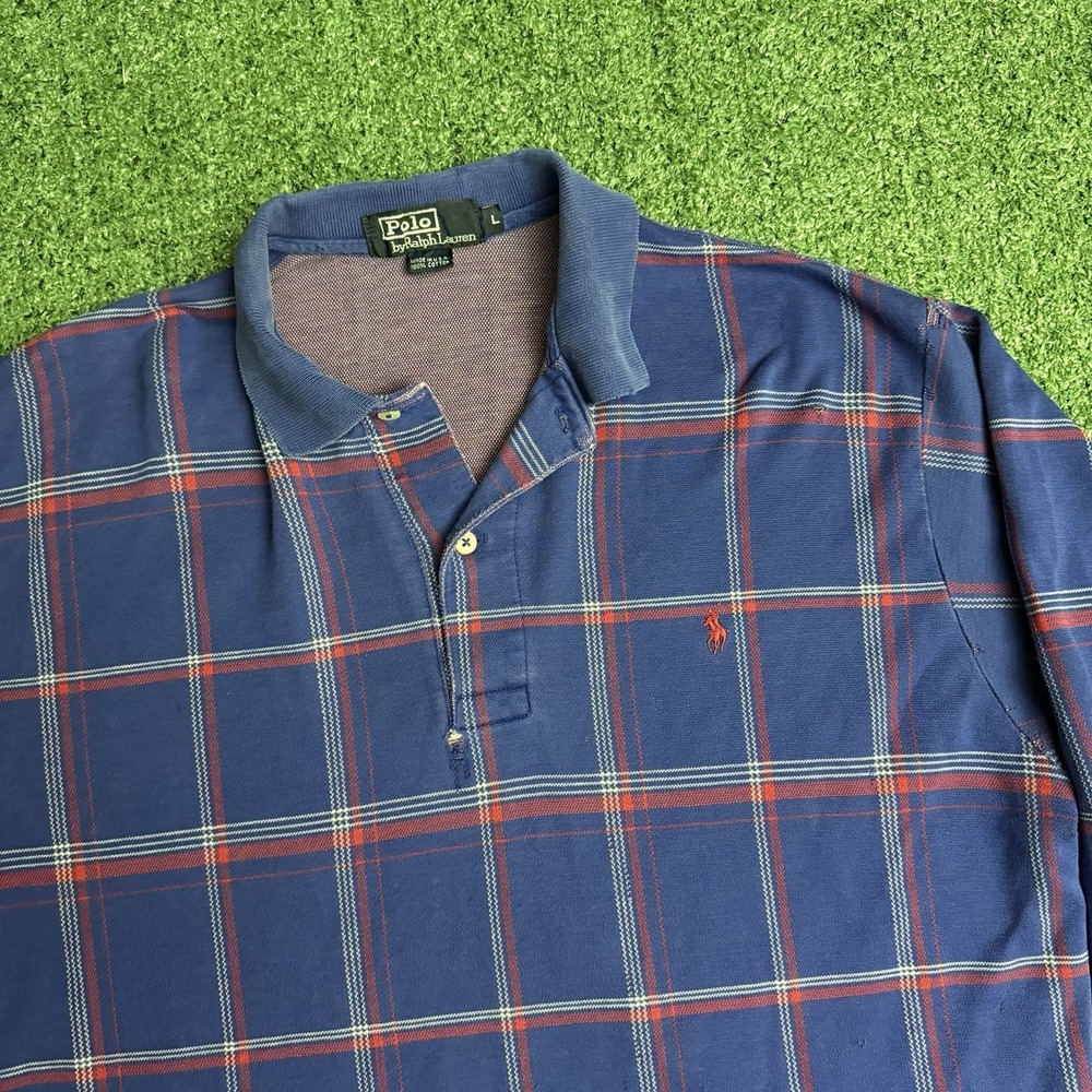 Vtg Polo Ralph Lauren Shirt Mens L Blue Windowpane Plaid Long Sleeve Made in USA